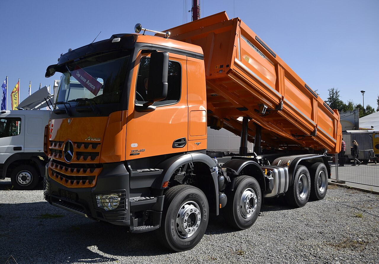 Heavy tipper dump truck of the kind the around-view and active-safety standards target