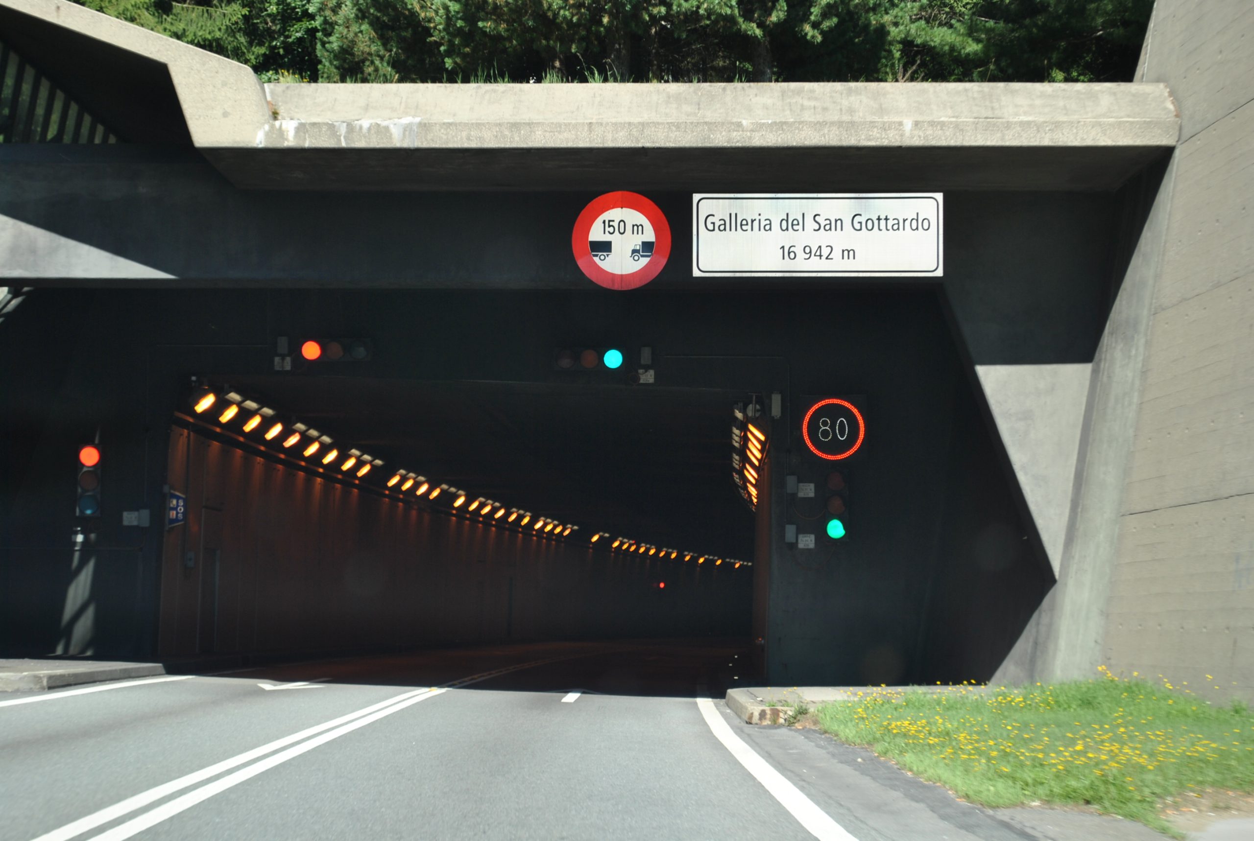 Entrance of the Gotthard Road Tunnel in Switzerland viewed from the south, an alpine highway tunnel