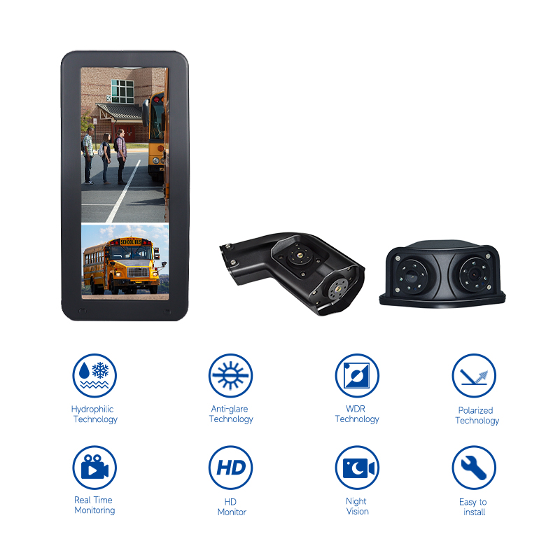 Electronic mirror display showing rear and side camera views in a commercial cab