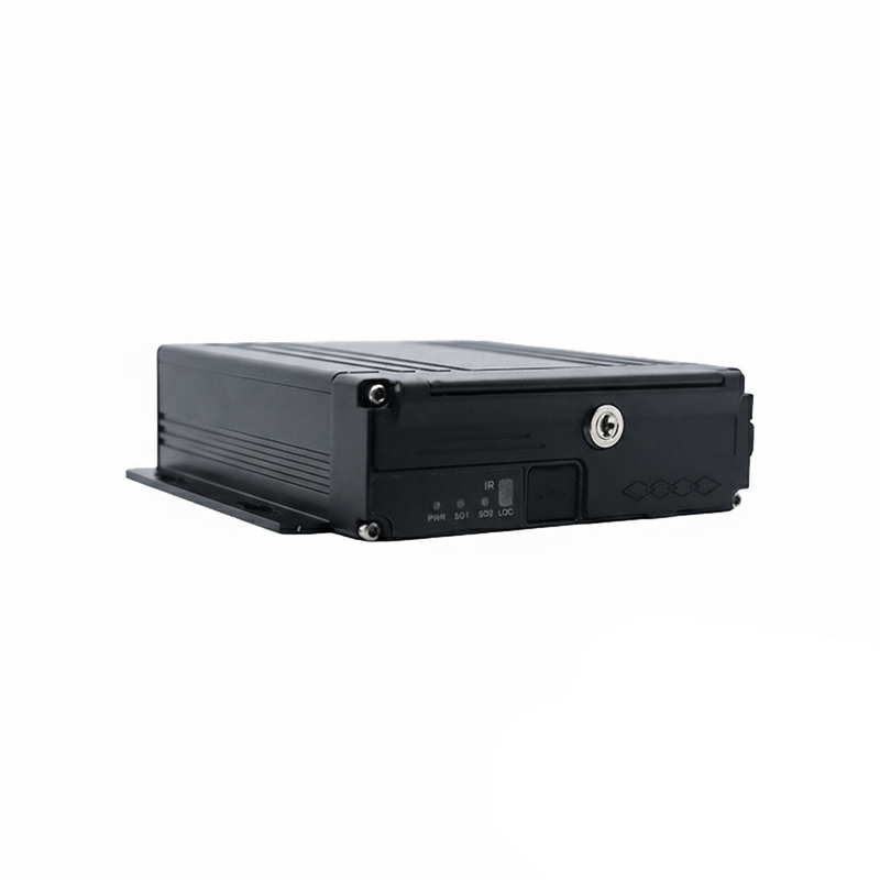 Compact 4-channel mobile DVR with dual SD cards connected in a vehicle