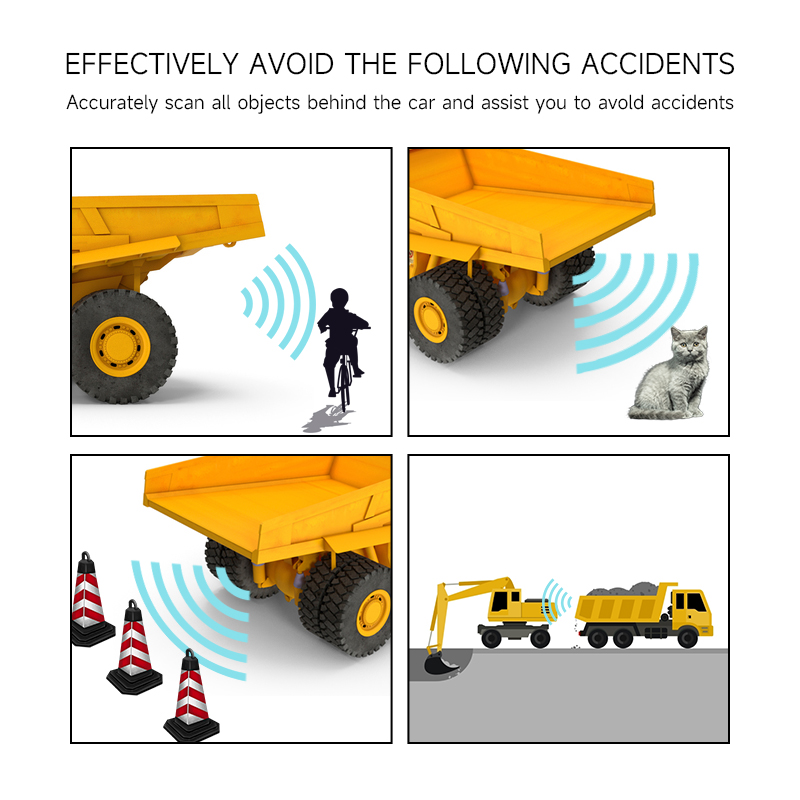 Close-range radar detection around a reversing truck with screen alerts