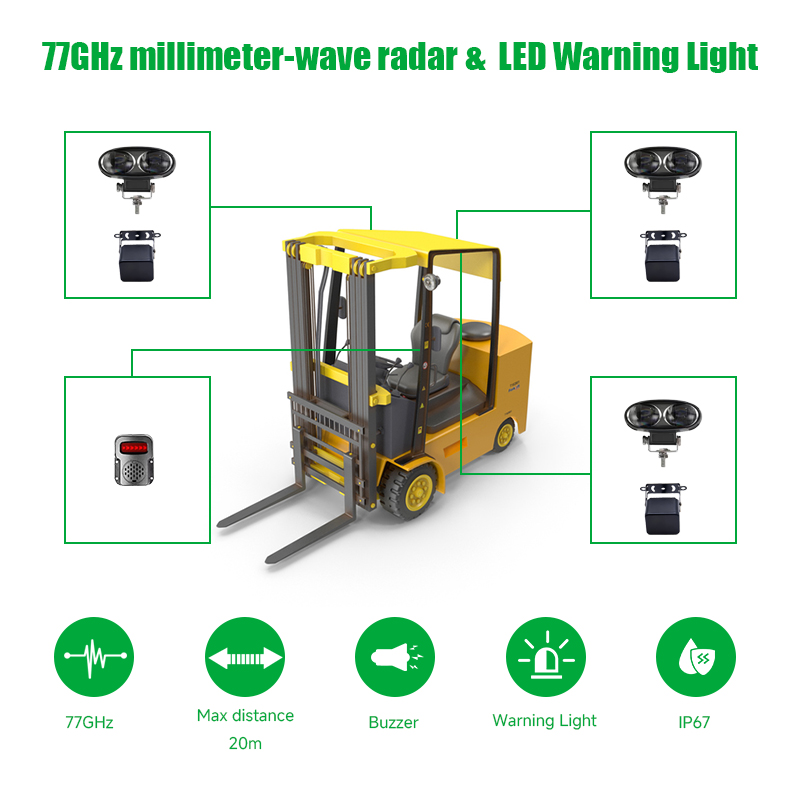 Forklift with projected blue and red radar warning zones