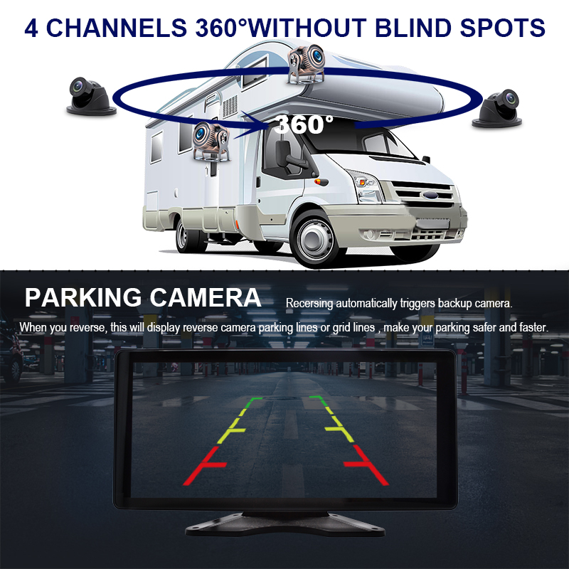 Split-screen four-camera coverage around the vehicle
