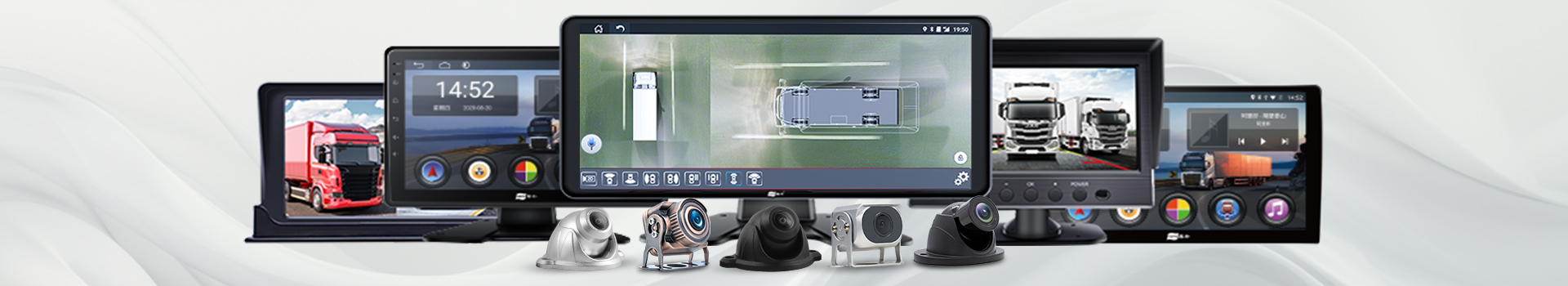 The 360 system shown across several monitor sizes with a set of dome and side cameras