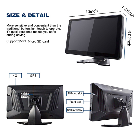 Monitor dimensions and rear ports: 4G, GPS, SIM card slot, TF card slot and USB interface