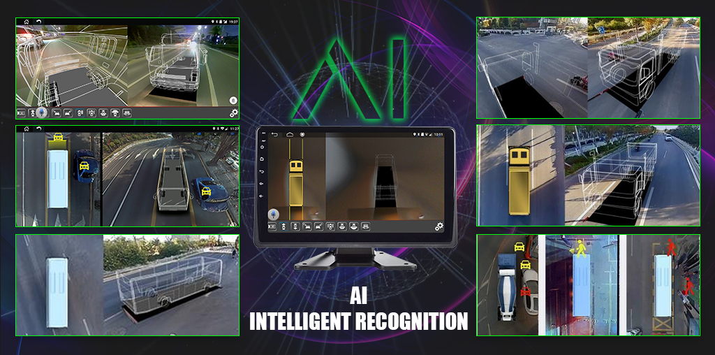 Multiple screens showing AI recognition of vehicles and pedestrians around a truck