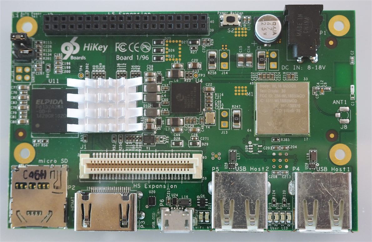 A single-board computer built around a HiSilicon system-on-chip under its heatsink