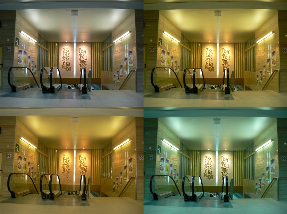 Four photographs of the same metro station interior, each with a different white balance setting, showing four distinct color casts
