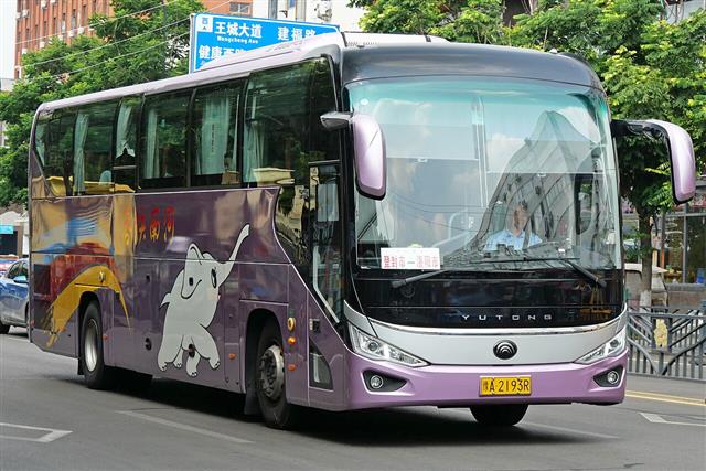 A purple Yutong intercity coach on a city street in China