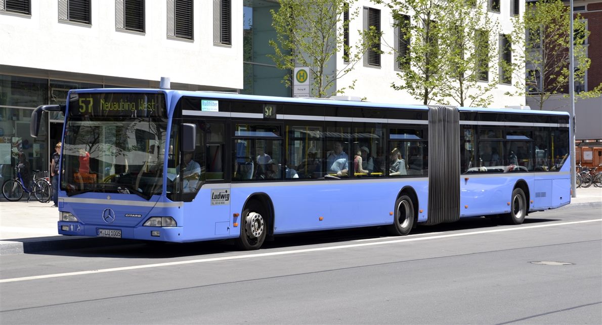 Blue Mercedes Citaro articulated city bus